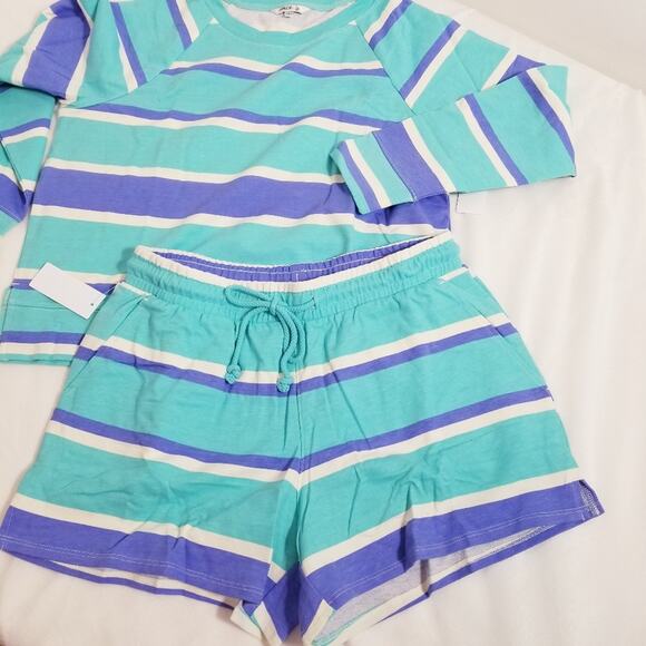 WILDFOX Blue Stripes Super Soft Sweatshirt & Short Lounge Co-Ord Sets - Picture 3 of 5